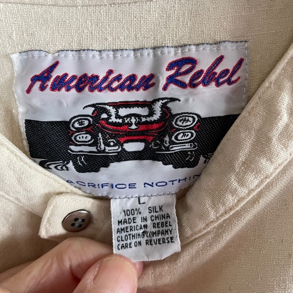 Vintage 90's American Rebel Sacrifice Nothing Silk Button Down Shirt Large - Picture 3 of 8